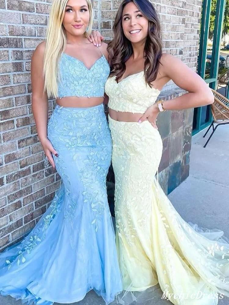 Hot Two Piece Lace Prom Dresses 2025 Mermaid Spaghetti Straps Cross Back MyChicDress