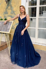 Hot V Neck Lace Prom Dresses Navy Blue Long Spaghetti Straps Evening Dresses MyChicDress