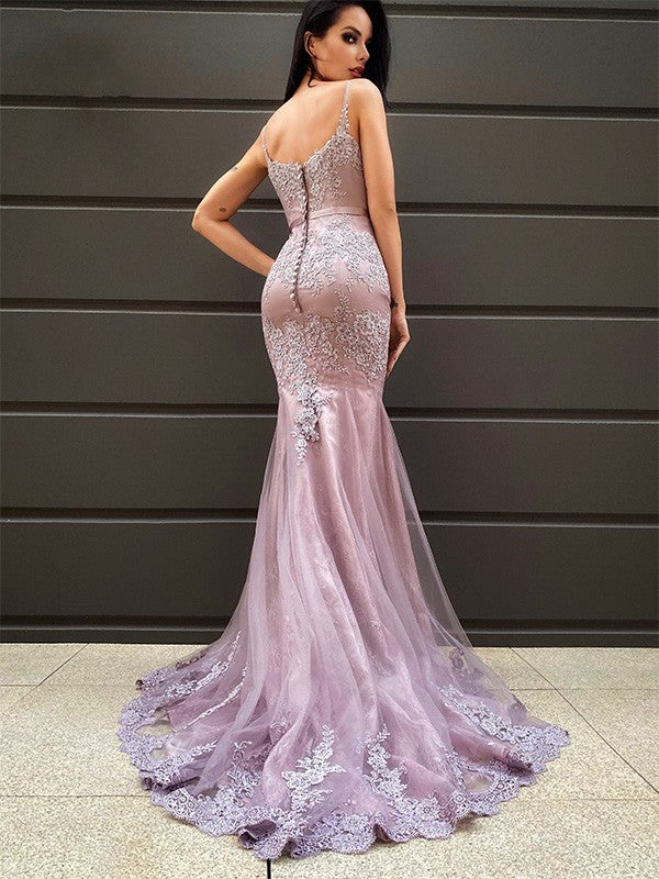 Hot V Neck Sleeveless Long Mermaid Lace Prom Dresses MyChicDress