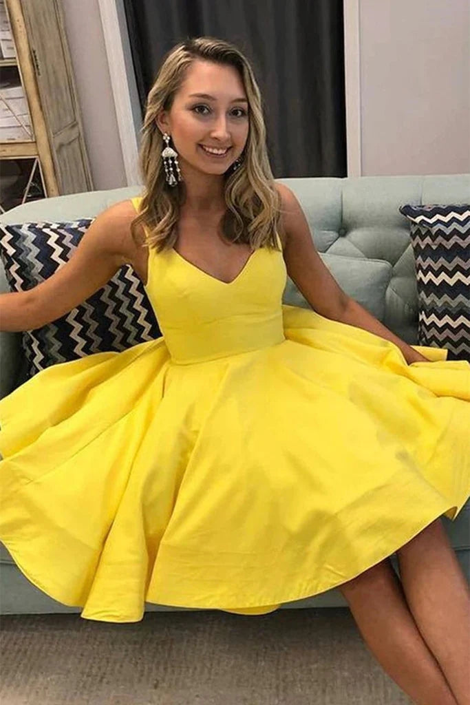 Hot V Neck Yellow Short Prom Dress Satin Mini Homecoming Dress Sleeveless MyChicDress