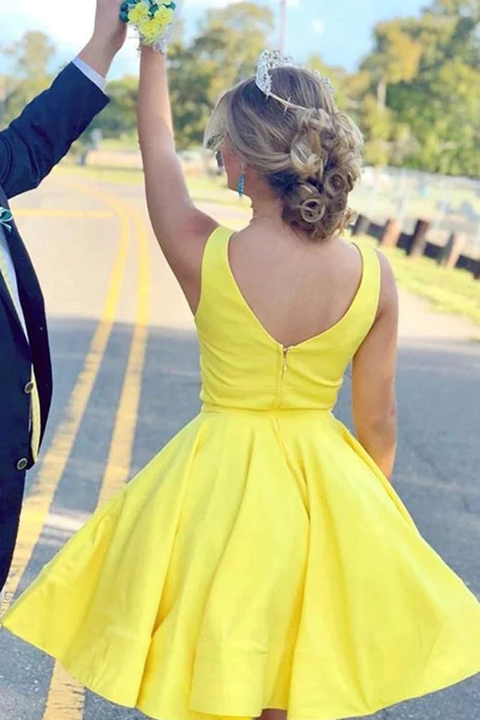 Hot V Neck Yellow Short Prom Dress Satin Mini Homecoming Dress Sleeveless MyChicDress