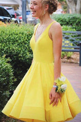 Hot V Neck Yellow Short Prom Dress Satin Mini Homecoming Dress Sleeveless MyChicDress