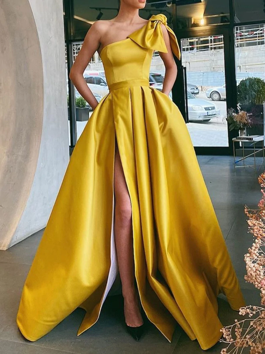 Hot Yellow One Shoulder Prom Dresses Satin Long Evening Dress with Split MyChicDress