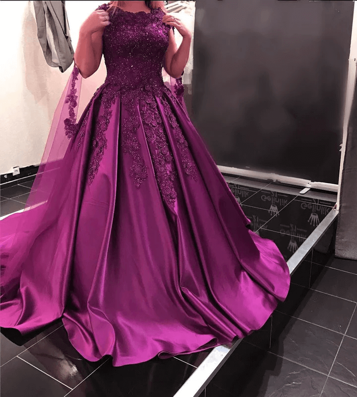 Purple Prom Dress Satin Lace Cap Sleeves Wedding Dress