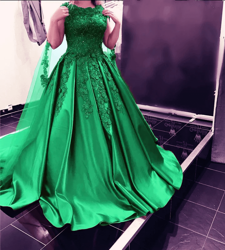 green Prom Dress Satin Lace Cap Sleeves Wedding Dress