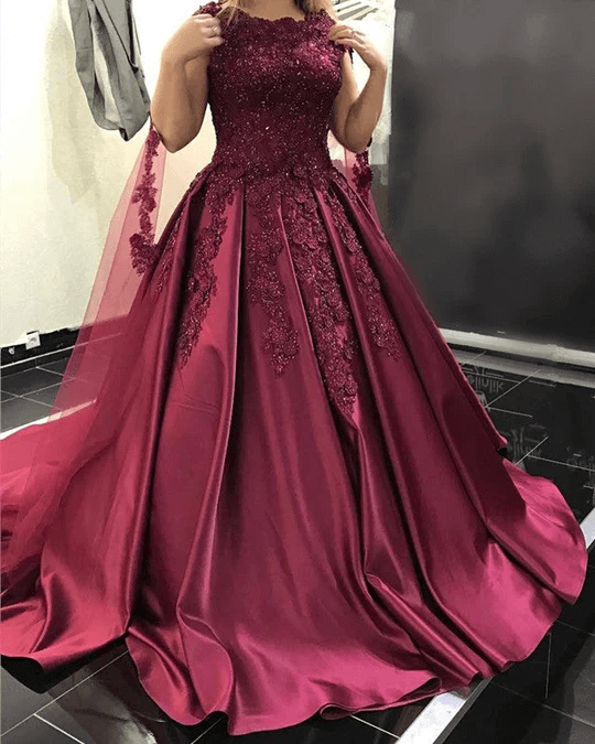 Ball Gown Burgundy Prom Dress Satin Lace Cap Sleeves Wedding Dress