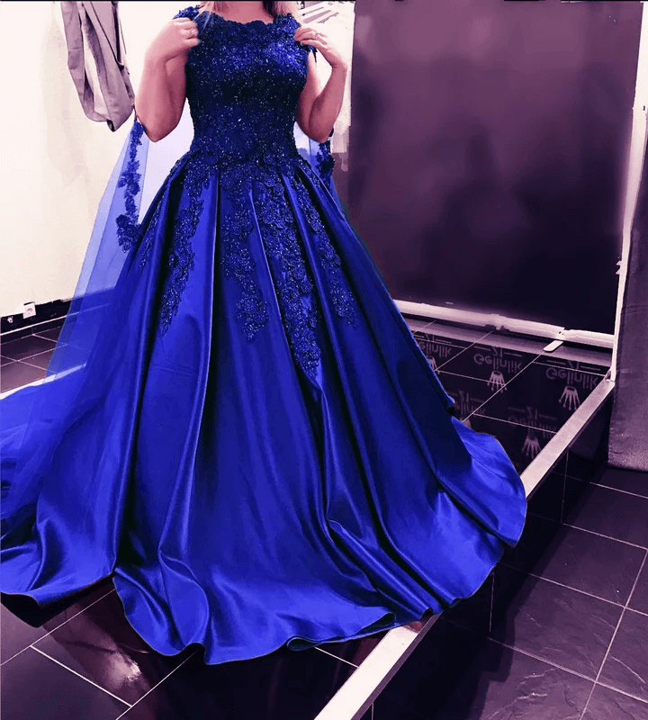 Ball Gown royal blue Prom Dress Satin Lace Cap Sleeves Wedding Dress