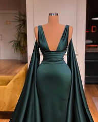 Hot Deep V Neck Mermaid Prom Dress Sleeveless Long Ball Dresses with Ruffles