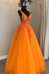 Orange Lace Prom Dresses V Neck Tulle Sleeveless Evening Dress UK