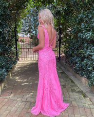 Hot Pink Lace Long Prom Dresses Mermaid V Neck Sexy Evening Dress UK