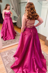 Hot Pink Plus Size 2024 Prom Dresses Satin Long Halter Evening Gown with Beading