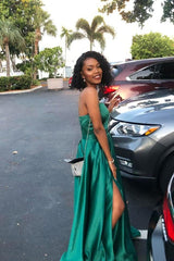 Hunter Green Satin Prom Dresses Simple Strapless Long Formal Dress MyChicDress