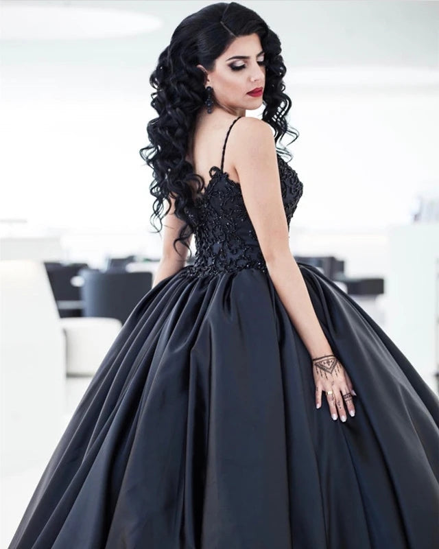 Lace Black Satin Wedding Dresses Embroidery Ball Gowns Quinceanera Dresses MyChicDress