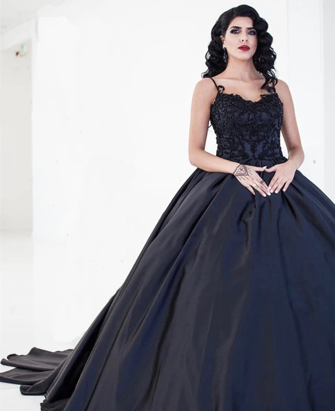 Lace Black Satin Wedding Dresses Embroidery Ball Gowns Quinceanera Dresses MyChicDress