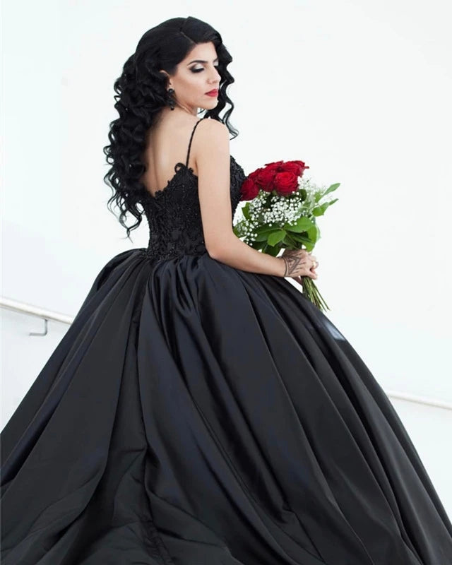 Lace Black Satin Wedding Dresses Embroidery Ball Gowns Quinceanera Dresses MyChicDress