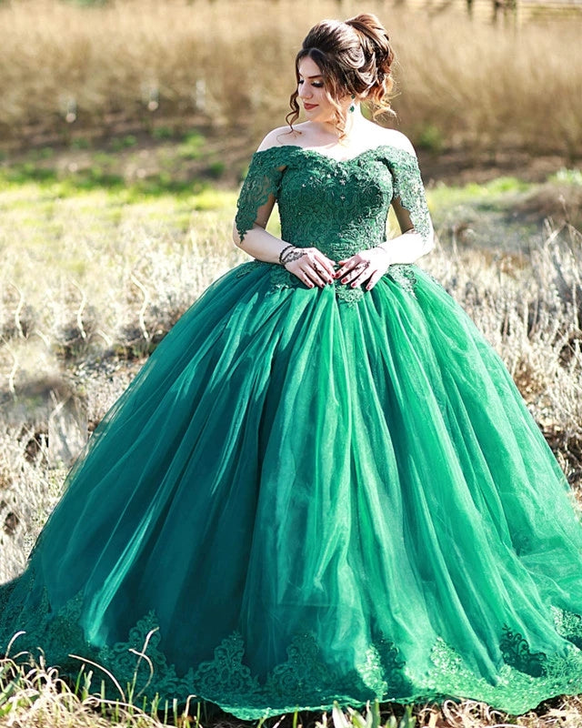 Lace Green Ball Gown Wedding Dresses Off Shoulder Tulle Sweet 16 Dress MyChicDress