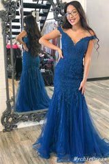 Lace Mermaid Blue Prom Dresses Off the Shoulder Long Formal Evening Dress MyChicDress