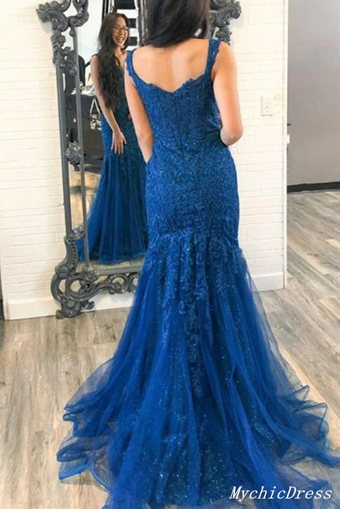 Lace Mermaid Blue Prom Dresses Off the Shoulder Long Formal Evening Dress MyChicDress