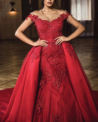 Hot 2024 Lace Mermaid Off the Shoulder Red Prom Dresses with Skirt