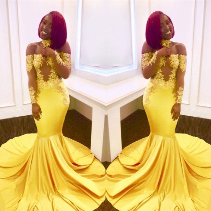 Lace Yellow Prom Dresses Mermaid Off-the-Shoulder Evening Gowns - MyChicDress