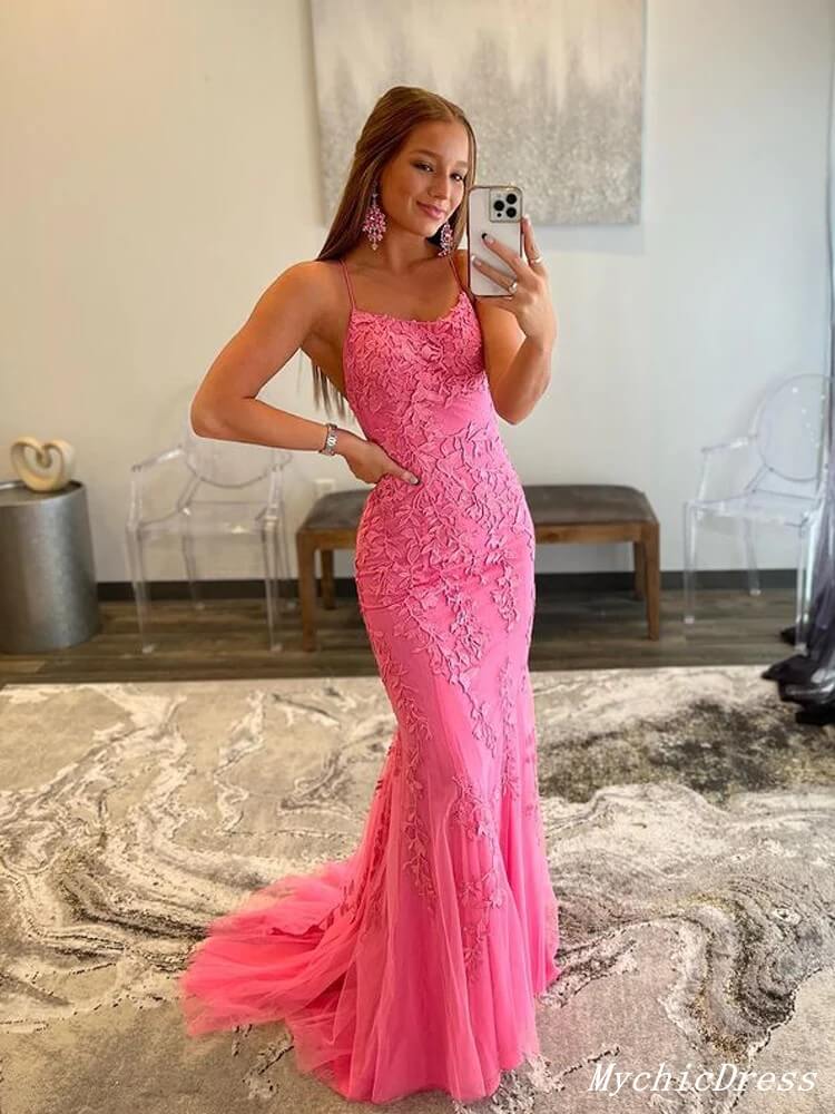 Lace Hot Pink Prom Dresses Mermaid V Neck Long Formal Dress