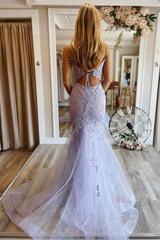 2024 Lace Long Lavender Prom Dress Floral V Neck Mermaid Purple Evening Dress