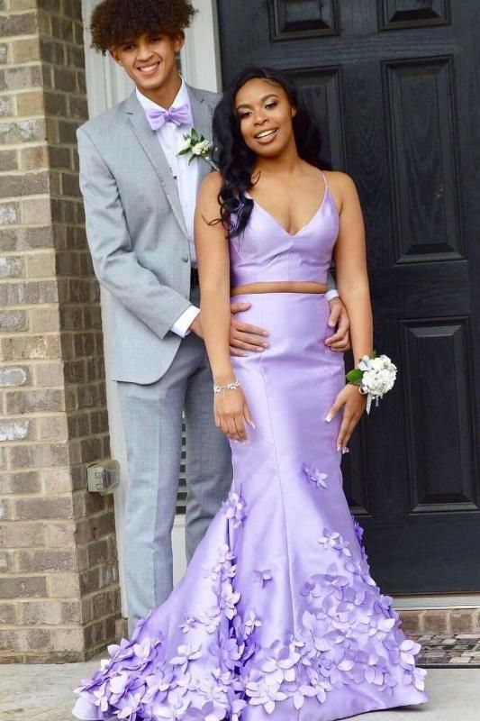 Lavender Two Piece Prom Dresses Mermaid Sleeveless with Flowers Appliques MyChicDress