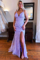 2024 Lavender Lace Prom Dresses Corset Mermaid V Neck Formal Gowns with Appliques