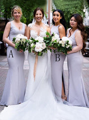 Vestidos de dama de honra lavanda com decote em V sereia longos sem mangas