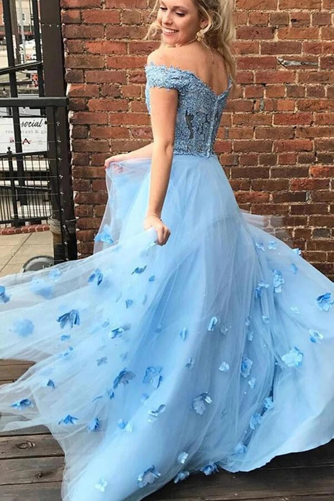 Light Blue 2 Piece Prom Dresses Off the Shoulder Flower Long Evening Gowns MyChicDress