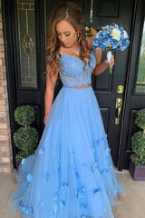 Light Blue 2 Piece Prom Dresses Off the Shoulder Flower Long Evening Gowns MyChicDress