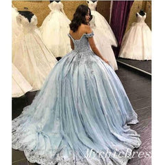 Light Blue Sweet 15 Dresses Ball Gown Lace Appliques off Shoulder Quinceanera Dress MyChicDress