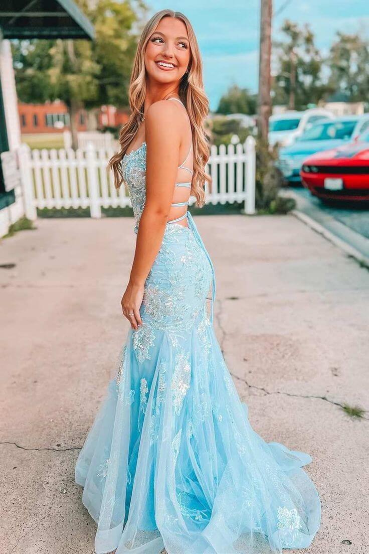 Light Blue Long Prom Dress Lace  Straps Mermaid Formal Dress Lace-Up