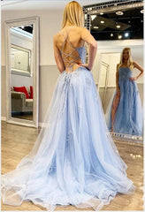 2025 Long Light Blue Prom Dress Backless Floral Lace Formal Evening Dress