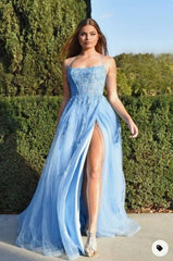 2025 Long Light Blue Prom Dress Backless Floral Lace Formal Evening Dress