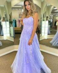 Lilac Lace Prom Dresses A Line Long Formal Dress with Appliques