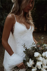 Long Beach Lace Wedding Dresses V Neck Spaghetti Straps Bridal Gowns MyChicDress