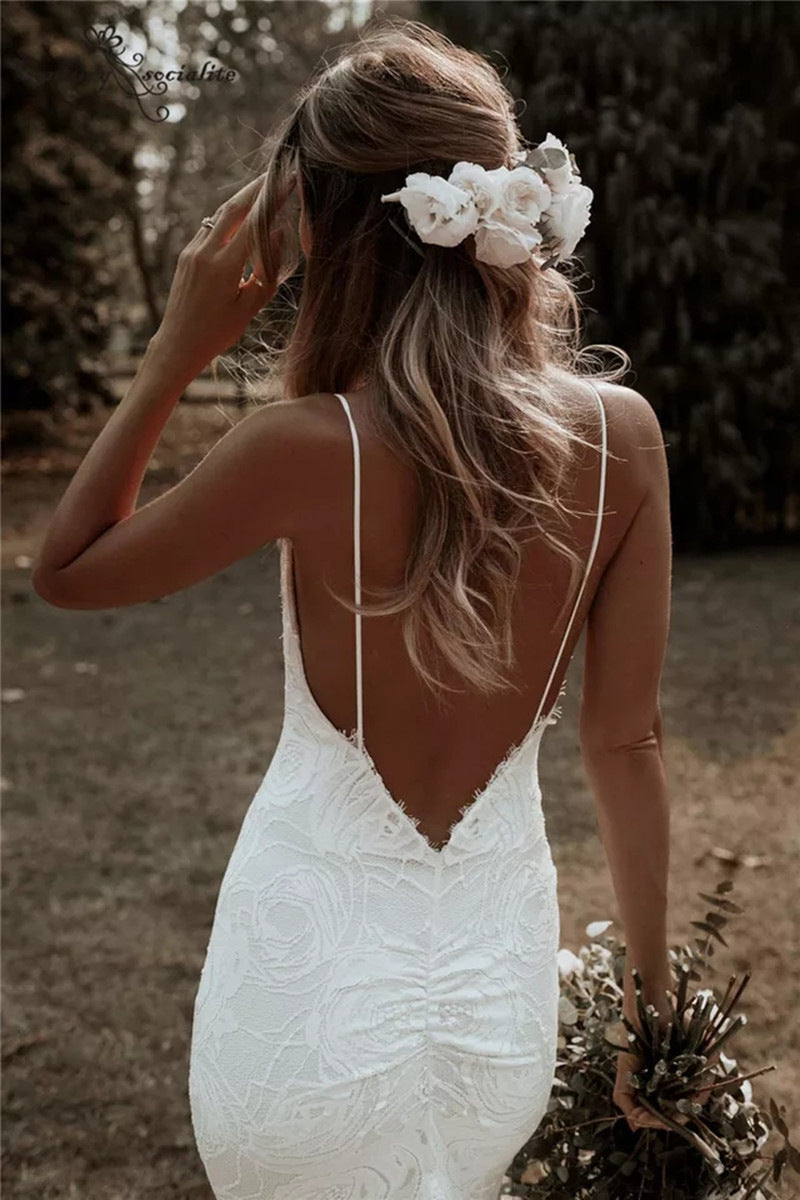 Long Beach Lace Wedding Dresses V Neck Spaghetti Straps Bridal Gowns MyChicDress