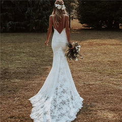 Long Beach Lace Wedding Dresses V Neck Spaghetti Straps Bridal Gowns MyChicDress