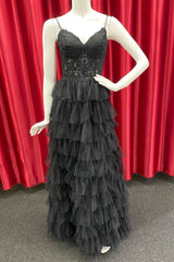 Long Black Tiered Prom Dresses V Neck Straps Beaded Appliques Lace Evening Dress MyChicDress