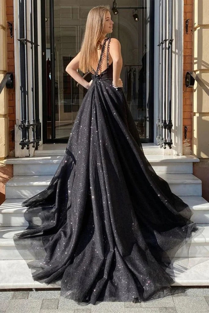 Long Black Tulle Prom Dresses Open Back V Neck Evening Dresses MyChicDress