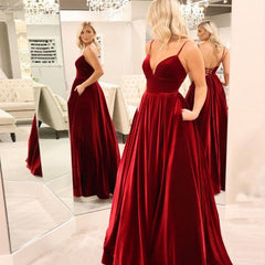 Long Deep V Neck Burgundy Velvet Prom Dresses with Pockets