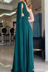 Long Green One Shoulder 2025 Prom Dresses Chiffon Simple Evening Dress MyChicDress