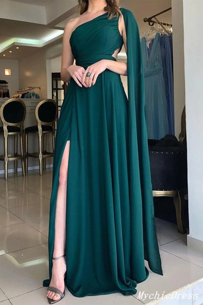 Long Green One Shoulder 2025 Prom Dresses Chiffon Simple Evening Dress MyChicDress