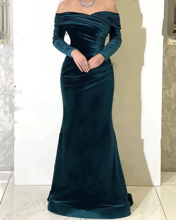 Long Green Velvet 2024 Prom Evening Dresses Mermaid Off Shoulder Formal Dress MyChicDress