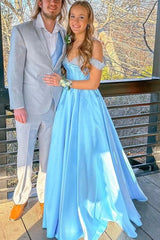 Long Light Blue 2024 Prom Dresses Satin Off the Shoulder Beaded Formal Dresses MyChicDress