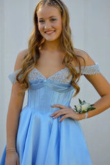 Long Light Blue 2024 Prom Dresses Satin Off the Shoulder Beaded Formal Dresses MyChicDress