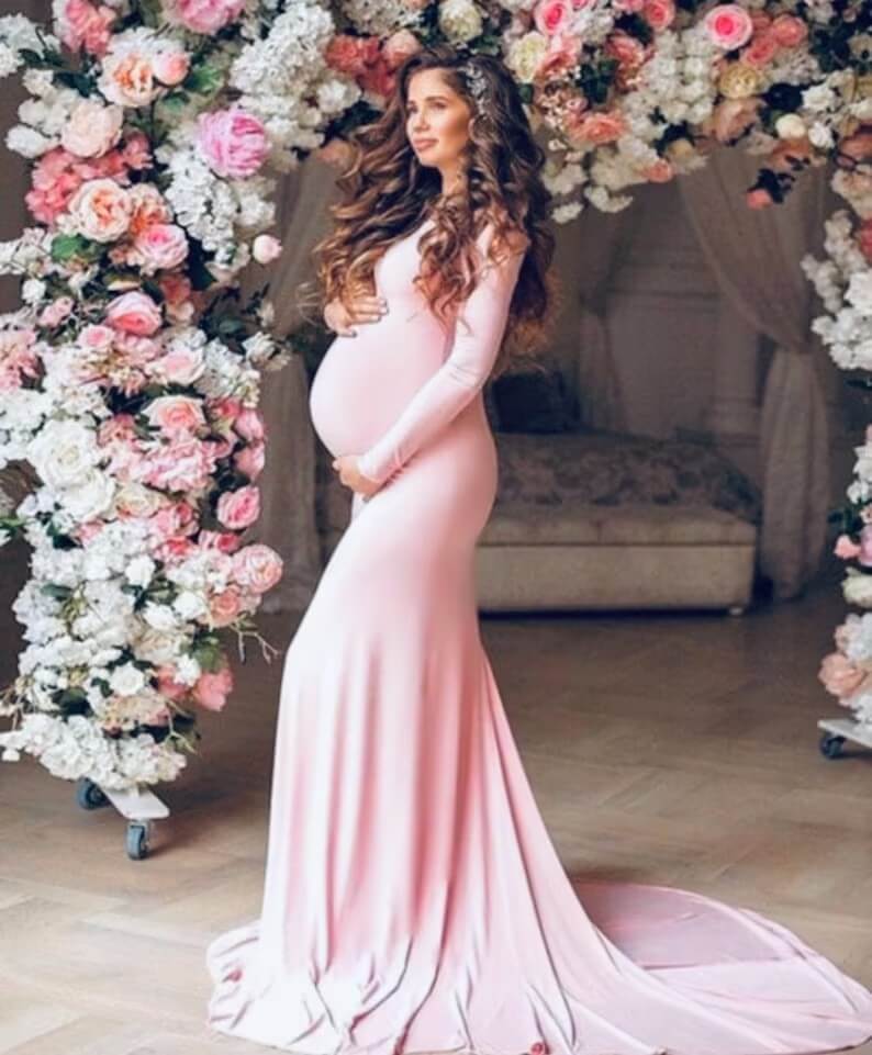 Long Maternity Dresses Stretch Satin Mermaid Baby Shower Dress MyChicDress