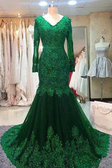 Long Mermaid Sequin Beaded Green Prom Dresses with Sleeves Lace Evening Dress MyChicDress