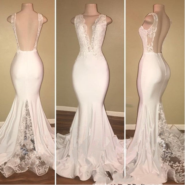 Long Mermaid V-Neck Lace White Prom Dresses - MyChicDress